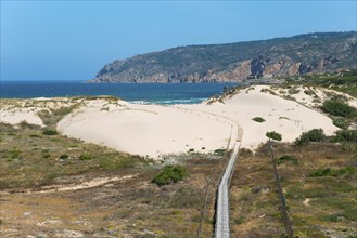 View of sand dunes with some vegetation, behind them the sea and rocks, clear sky footbridge,