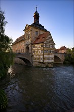 Upper Bridge, Old Town Hall, Regnitz, historic old town, blue hour, evening mood, Bamberg, Upper