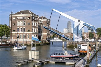 Historic Poortgebouw, with drawbridge, Rotterdam Marina, pleasure craft harbour, sailing boats,