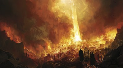 A fiery, dark scene of hell and eternal burning fire that punishes suffering sinners, AI generated