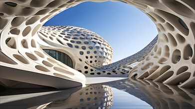 Modern art museum architecture inspired by seashells spiral patterns, AI generated