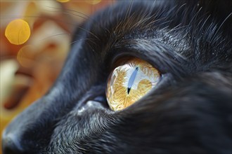 Close up of yellow eye of black cat. Generative Ai, AI generated