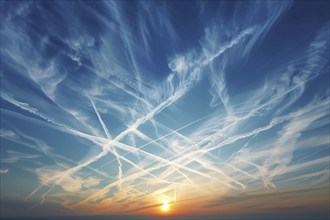 Blue sky with condensation trails from airplanes with sunset. Generative Ai, AI generated