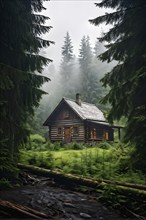 Rustic log cabin nestled in a dense evergreen forest, AI generated