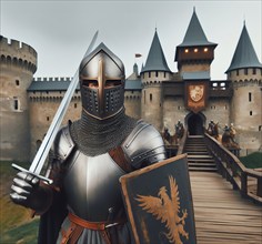 A knight with armour, helmet, shield and sword stands in front of a medieval castle, AI generated,