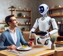 A humanoid robot serves wine to a man, symbolic image staff shortage, service, hospitality