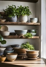 A sunlit kitchen corner, with a rustic wooden shelf holding neatly arranged ceramic bowls and a