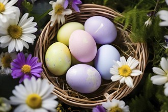 Pastel-colored Easter eggs in a wicker basket, surrounded by delicate spring flower, AI generated