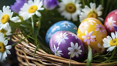 Vibrant-colored Easter eggs in a wicker basket, surrounded by delicate spring flowers, AI generated