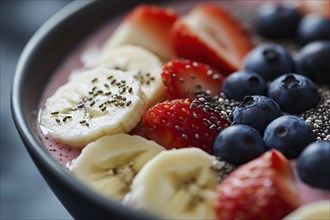 Close up of healthy breakfast bowl with yoghurt, chia seeds and fresh fruits. Generative Ai, AI