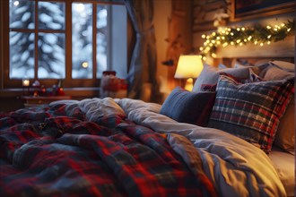 Cozy winter bedroom with flannel sheets, holiday throw pillows, with a warm glow filling the room,