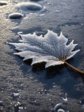 Delicate leaf resting on the surface of a frozen puddle, with intricate ice crystals forming