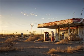 Abandoned retro gas station in the middle of a desert at sundown, with rusted gas pumps and an old