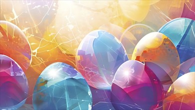 Easter-inspired abstract artwork with layered, translucent egg shapes overlapping with bursts of