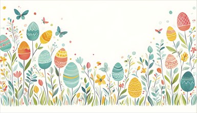 Abstract illustration of a Easter card with delicate colorful hand-drawn illustrations, empty space