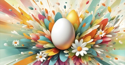 An energetic, abstract explosion of spring colors with egg and flower motifs subtly integrated,