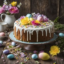 Decorated Easter cake with intricate icing flowers and colorful sprinkles, placed on a rustic