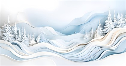 Christmas-themed abstract landscape with fluid, flowing lines representing snow-covered hills and