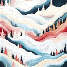 Christmas-themed abstract landscape with fluid, flowing lines representing snow-covered hills and