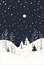 Abstract illustration of a white Christmas card with delicate hand-drawn illustrations, empty space