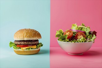 Comparison of healthy and unhealthy food with hamburger on one side and bowl with salad on other