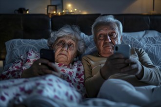 An elderly couple lie amused in their marital bed in their bedroom, looking at their smartphones