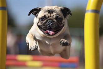 Cute Pug dog jumping over obstacle while doing agility sports. KI generiert, generiert AI generated