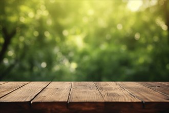 Empty wooden table with blurry green nature background. KI generiert, generiert AI generated