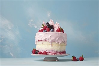 Layered cream cake with pink frosting and berry fruit mix on cake stand in front of blue background