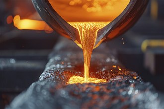 Close up of molten metal being poured into mold. KI generiert, generiert, AI generated