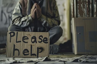 Cardboard sign with text 'Please help' and homeless beggar in background. KI generiert, generiert,