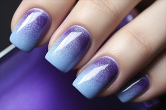 Close up of woman's fingernails with blue and purple ombre design nail art. KI generiert, generiert