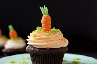 Easter cupcake with cream frosting and funny sugar carrot topping. KI generiert, generiert AI