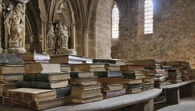 Lots of old books in a dilapidated monastery, antiquarian bookshop, AI-generated, AI-generated, AI