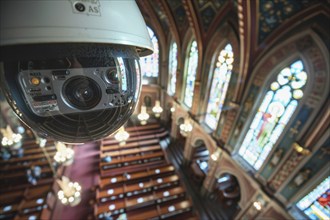 A surveillance camera, CCTV, in a church, protection against vandalism, AI generated, AI generated,