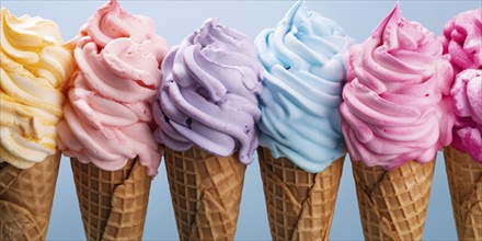 Different colored soft serve ice cones in a row on pastel blue background. KI generiert, generiert