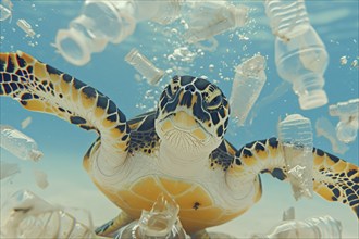 A sea turtle, hawksbill turtle dives among plastic waste, symbolic image for endangered species,