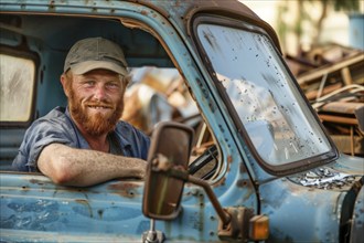 A red-haired man with a full beard, a scrap dealer in work clothes sits behind the wheel of his