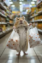 A humanised field hamster stands in a supermarket and holds two shopping bags in its hands,