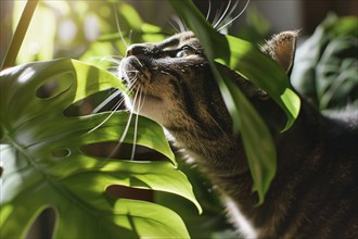 Curious cat trying to eat tropical Monstera houseplant. KI generiert, generiert, AI generated