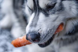 Close up of raw carrot vegetable held in musszle by Husky dog. Generative AI, AI generated