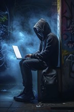 AI generated hooded man clutching a laptop symbolizing cyber criminality