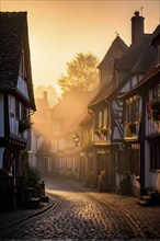 Early morning with light softly bathing an ancient village with rustic half timbered houses, AI