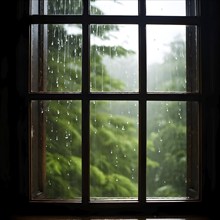 AI generated raindrops tracing paths down a large window with green forest in background out of