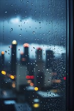 AI generated raindrops tracing paths down a large window with illuminated cityscape in background