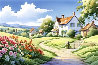 AI generated illustration of colorful countryside houses nestled in a spring or summer scenery with