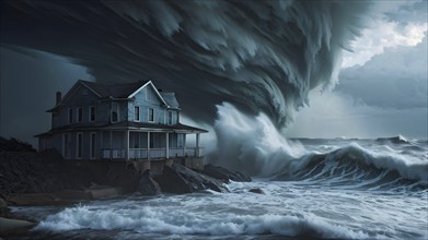 Coastal house overwhelmed by a storm surge, AI generated