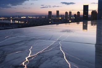 Marble ground with smooth reflective surface framing a view of a contemporary cityscape, AI