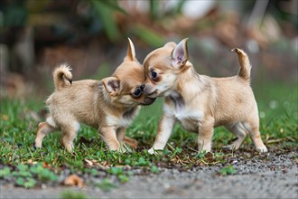 Two cute Chihuahua pups playing together, AI generated