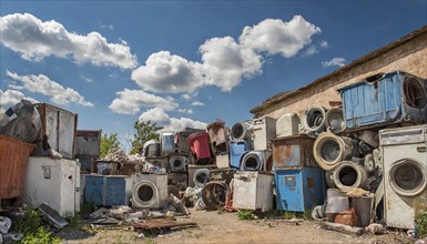 Symbolism, large junkyard with household appliances, scrap metal, AI-generated, AI-generated, AI